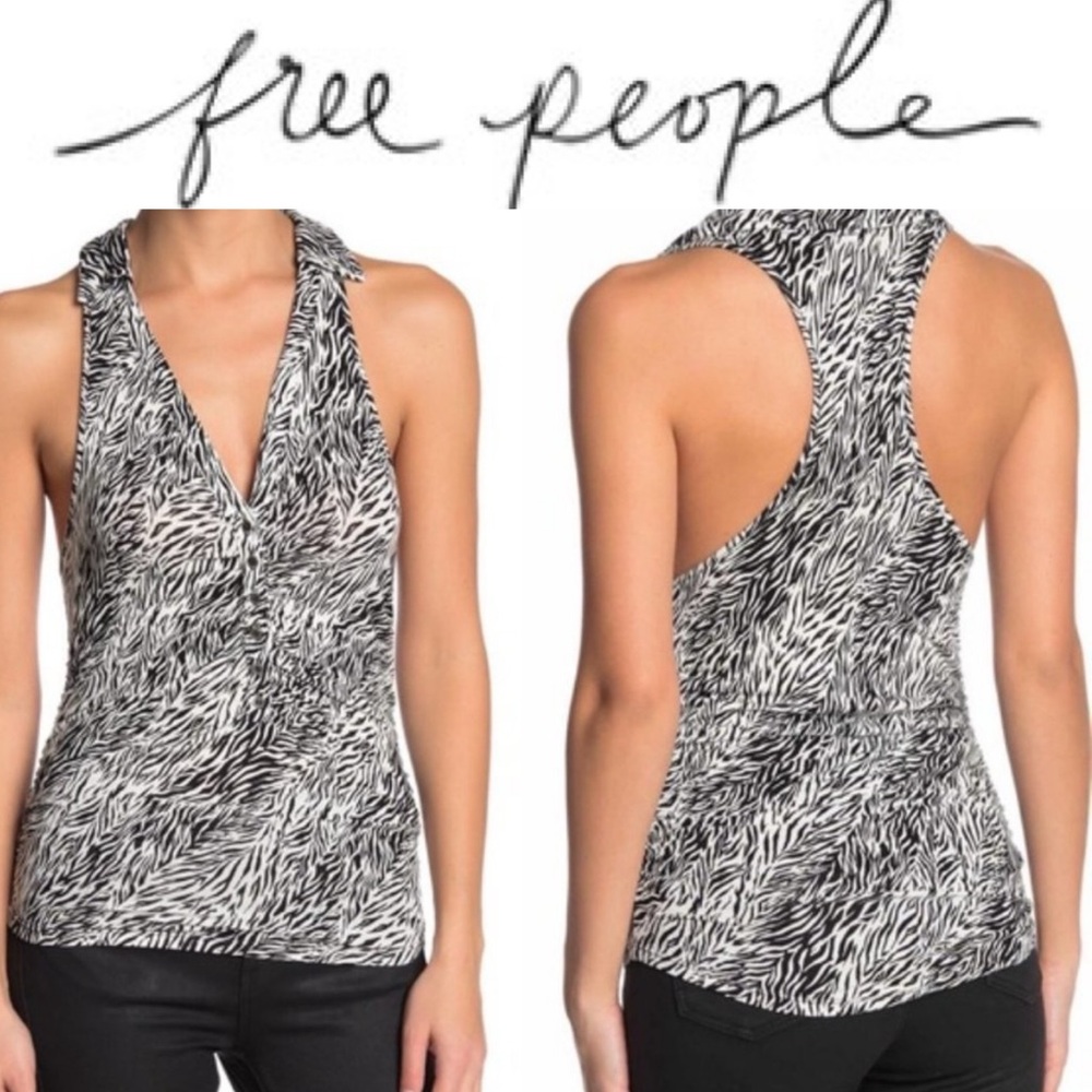 NWT FREE PEOPLE TANK. ZEBRA PRINT BUTTONED & COLLARED TOP. RACERBACK. ROUCHED